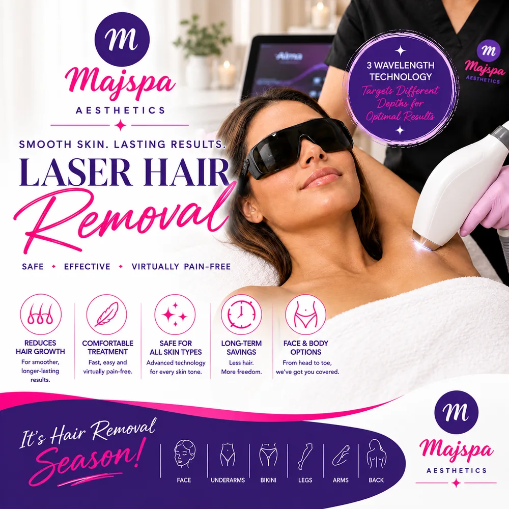 Majspa laser hair removal &mdash; triple-wavelength Alma Soprano Titanium, safe for all skin types, treating face, underarms, bikini, legs, arms and back